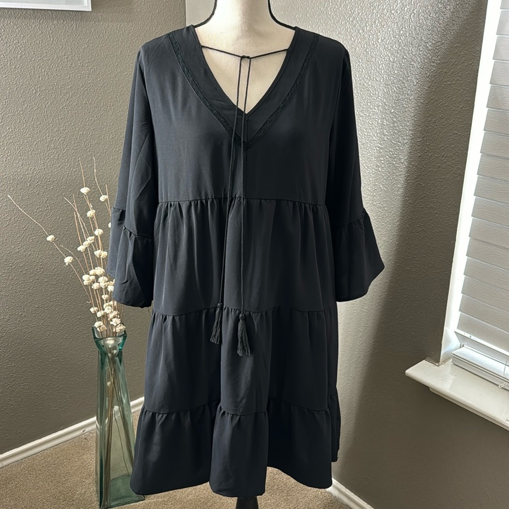 BTFBM Womens Babydoll Summer Dress V Neck Tassel Ruffle Bell Sleeve